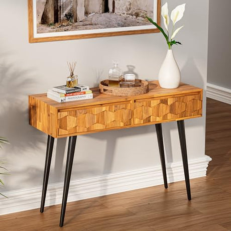 Bme Console Modern Mid-Century 2 Drawers and Metal Legs, Unique Geometric Design Sofa Table for Entryway, Hallway, Living Room, Teak Brown Bme