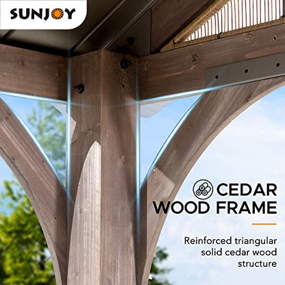 Sunjoy 12 x 14 ft. Hardtop Gazebo Premium Brown Cedar Wood Frame Gable Roof Gazebo with Ceiling Hook by SummerCove - WoodArtSupply