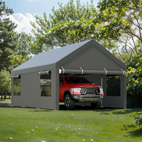 JY QAQA Carport, 12x20 FT Heavy Duty Carport with Roll-Up Window and Sandbags, Portable Garage with Removable Side Walls and Doors, Car Canopy with All-Season Tarp for Cars, Trucks, Boats, Grey JY QAQA PET