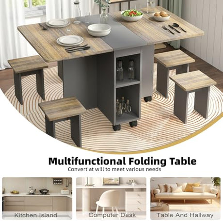 5 Pieces Folding Dining Table Set for 4-6 People,55 Inch Folding Dinner Table with 4 Chairs -Space-Saving Kitchen Dining Set with 6 wheels and 2-Layer Storage Shelf for Dining Room Small Apartment SYMCAVE