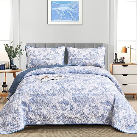 WONGS BEDDING Blue Quilt Set King Size, 3 Pieces Botanical Bedspreads Set Lightweight Microfiber Blue Toile Plants Pattern Coverlet Home Decor for All Seasons(104"×90") WONGS BEDDING