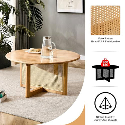 WIIS' IDEA 33In Round Wood Coffee Table,Natural Wood Coffee Tables for Living Room,Modern Rattan Small Coffee Table,Solid Wood Coffee Tea Table