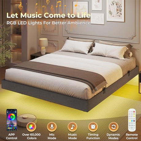 ADORNEVE Floating Queen Bed Frame, LED Bed Frame Linen Upholstered Platform Bed with Underbed Storage Space, Heavy Steel Slats Support, No Box Spring Needed, Noise Free，Dark Grey ADORNEVE