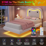 MapleGrace Twin Upholstered Bed Frame with Curved Headboard, Floating Bed Frame with LED Lights and Charging Station, Soft Rounded Corners, No Box Spring Needed, Easy Assembly, White MapleGrace
