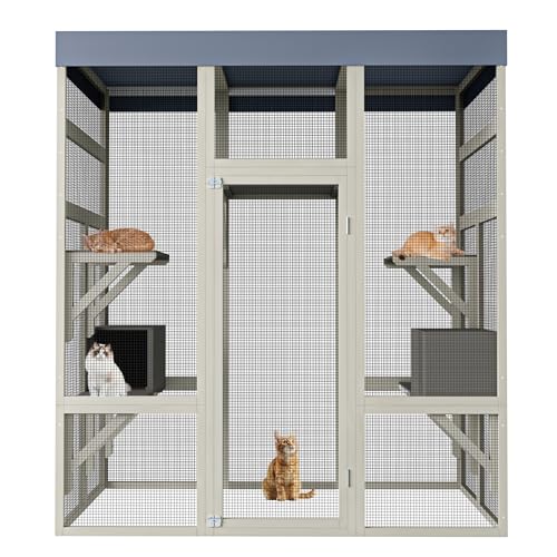 YOPTO 62.6" Outdoor Cat House Big Catio Wooden Cat Shelter Enclosure with Platforms,Upgrade Waterproof Cover,Rust-Proof Metal Wire,Grey YOPTO