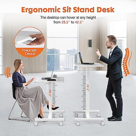 Sweetcrispy Small Mobile Standing Desk, Rolling Laptop Computer Carts, Portable Laptop Desk with Wheels, Adjustable Height Table for Home Office, White Sweetcrispy