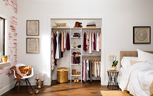 ClosetMaid SuiteSymphony Wood Closet Organizer Starter Kit with Tower and 3 Hang Rods, Shelves, Adjustable, Fits Spaces 4 – 9 ft. Wide, Engineered Wood, Pure White, 16" ClosetMaid