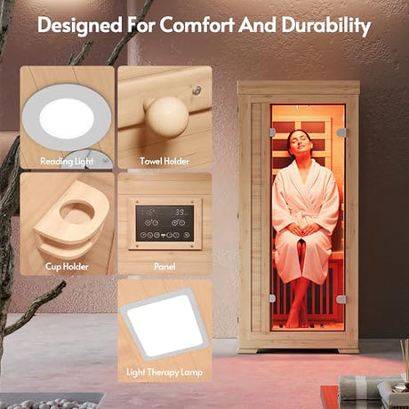 ENSTVER Infrared Wood Sauna 5.4Ft 1 Person, Luxury Full Spectrum Far Infrared Sauna Features Low EMF 1240w 7-Light Dynamic & Music Speakers, Canadian Hemlock Dry Indoor Saunas for Home & Gym ENSTVER