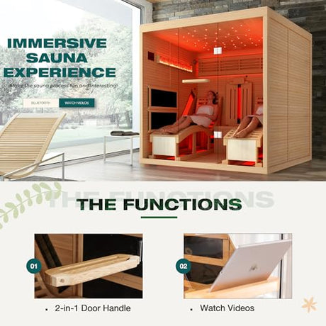 BNEHS Infrared Sauna,2 Person Luxurious Indoor Sauna with Recliner, Wooden Sauna with 7-Color Starry Ceiling,9 Heating Tubes,5 Carbon Panels,2-in-1 Door Handle,Himalayan Salt Brick,220V BNEHS