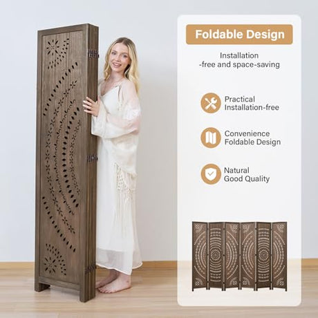 5.6 Ft Folding Room Divider, Portable Privacy Screen & Partition, No Assembly Required for Use as Cat Litter Box Cover, Clutter Hider, Room Separator, 6 Panels (Brown) Svimi