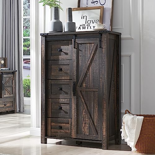 T4TREAM 5 Drawers Dresser for Bedroom w/Sliding Barn Door, Farmhouse Modern Tall Dresser 5 Chest of Drawers, Storage Organizer Dresser for Bedroom, Hallway, Living Room, Kids Room, Dark Rustic Oak T4TREAM