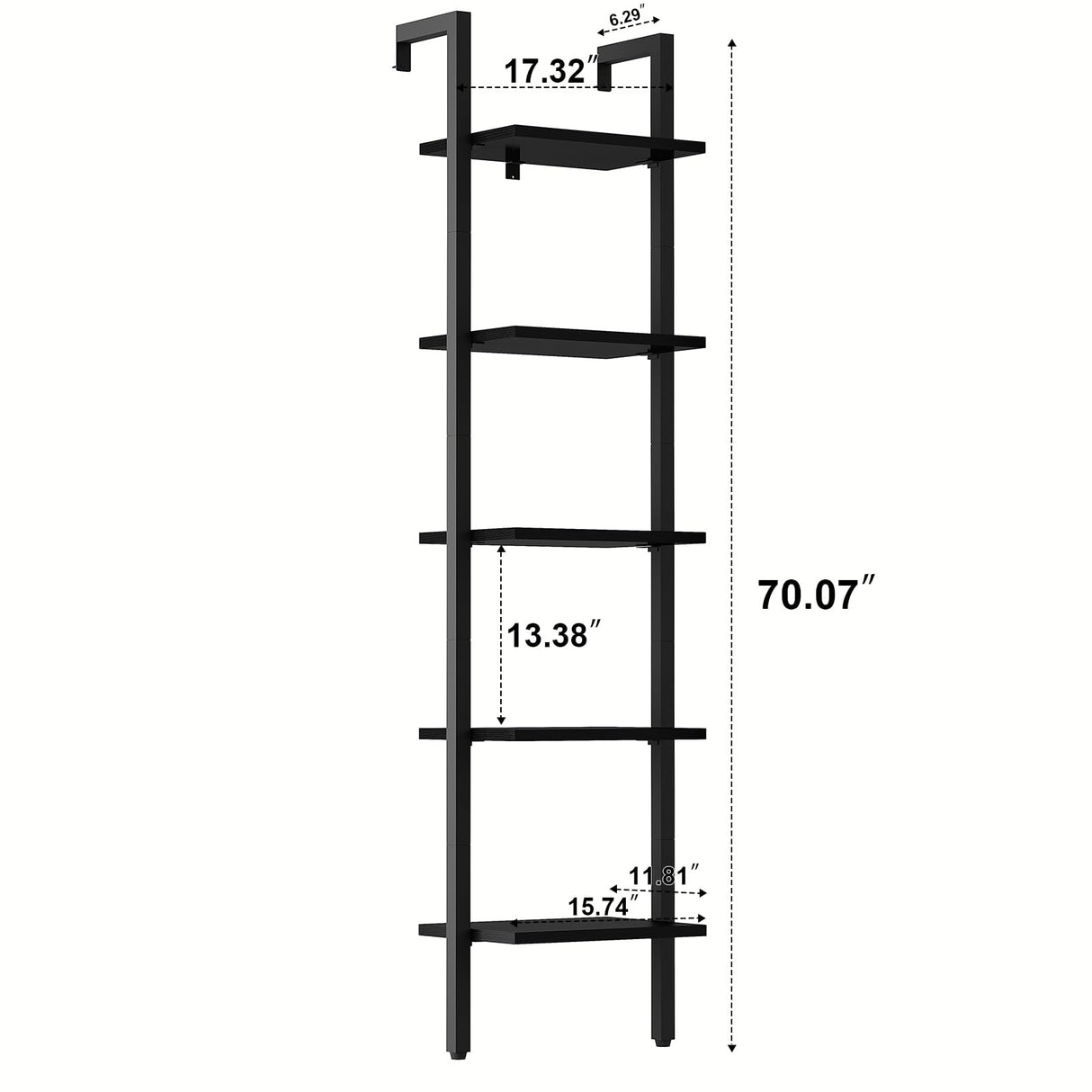 YMYNY Industrial 5-Tier Wall-Mounted Ladder Bookcase - Black Wooden Storage Shelves YMYNY