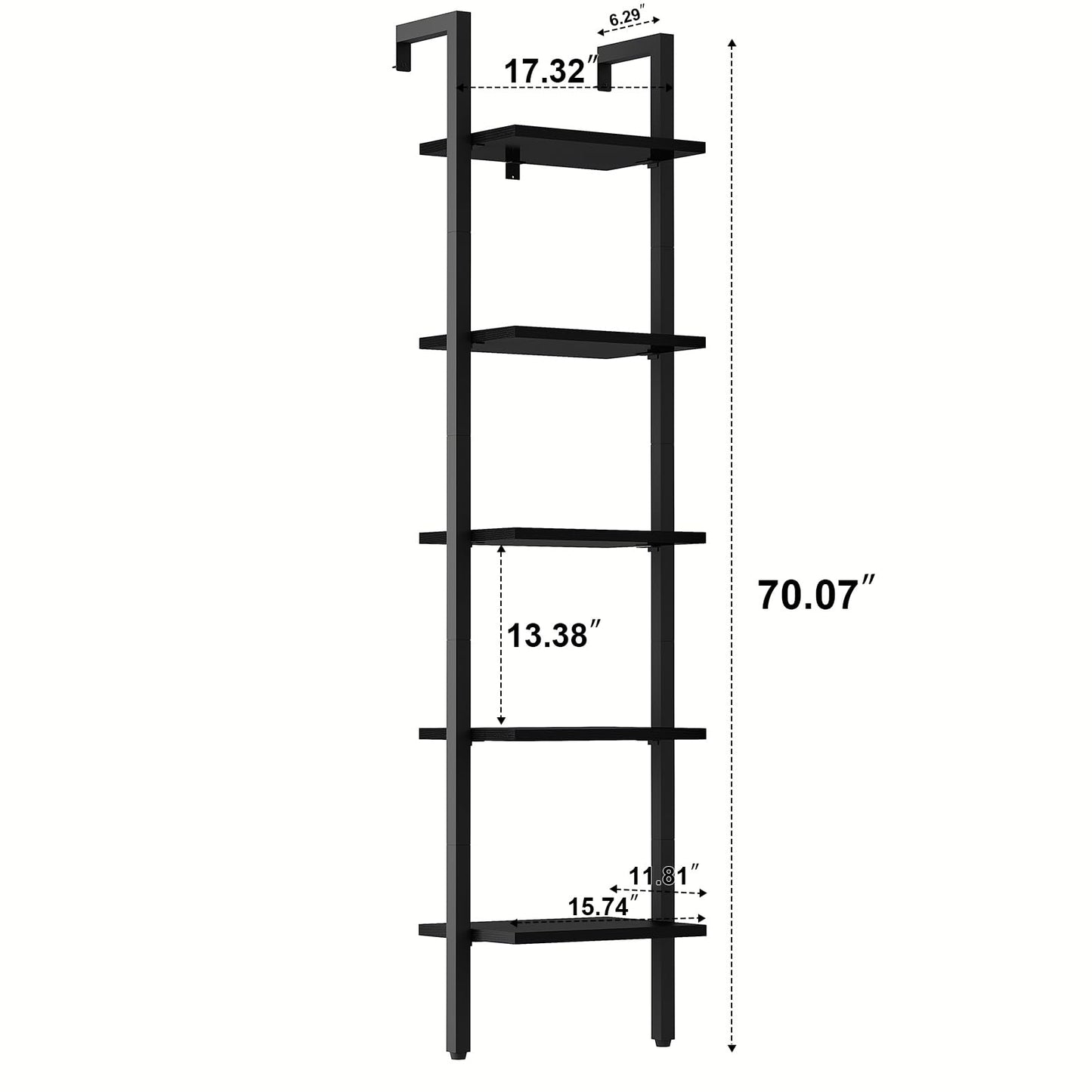 YMYNY Industrial 5-Tier Wall-Mounted Ladder Bookcase - Black Wooden Storage Shelves - WoodArtSupply