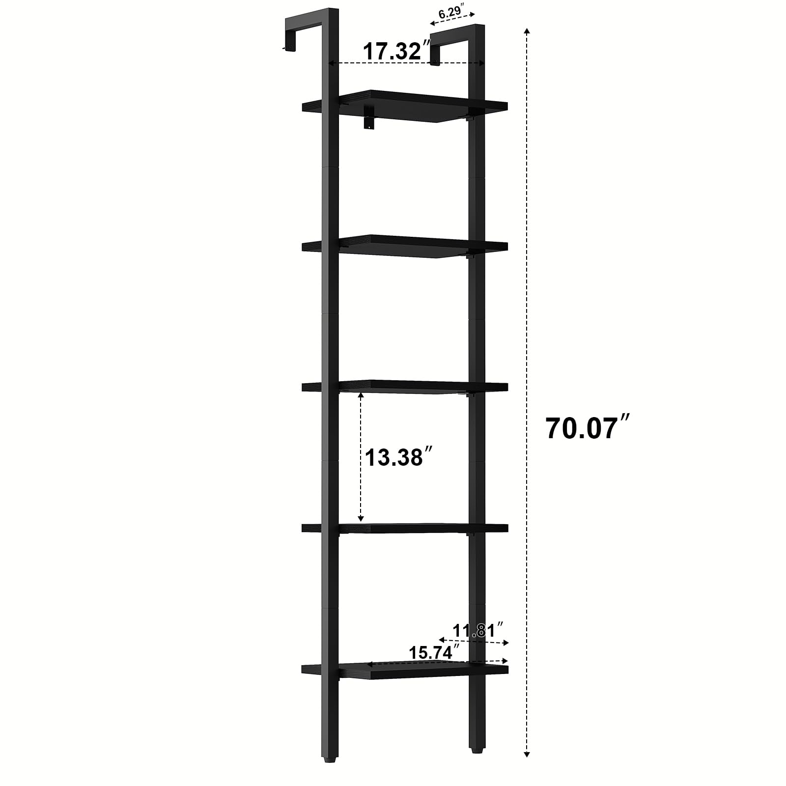 YMYNY Industrial 5-Tier Wall-Mounted Ladder Bookcase - Black Wooden Storage Shelves - WoodArtSupply