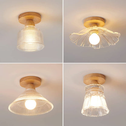 Wooden Semi Flush Mount Ceiling Light, Farmhouse Wood Close to Ceiling Lamp Vintage Glass Flowers Ceiling Lighting Fixture Retro Ceiling Light for Hallway, Entryway, Porch, Patio, Laundry Roo - WoodArtSupply