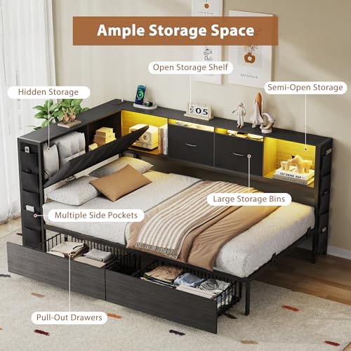 MapleGrace Twin Corner Bed Frame with Upholstered Storage Headboard and Drawers, Metal Platform Bed Frame with LED Light and Charging Station, Twin Daybed for Living Room, Bedroom & Guest Room, Black MapleGrace