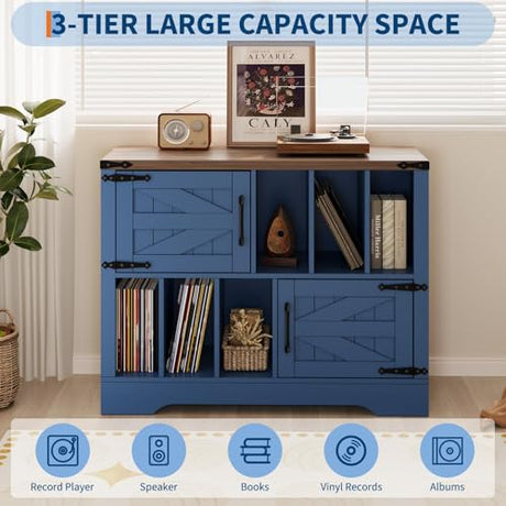 BouPower 39" Large Vinyl Record Player Stand with Vinyl Storage, Farmhouse Wood Turntable Record Player Stand with Storage Cabinet and 2 Barn Doors to 450 Albums for Living Room Bedroom, Navy Blue BouPower