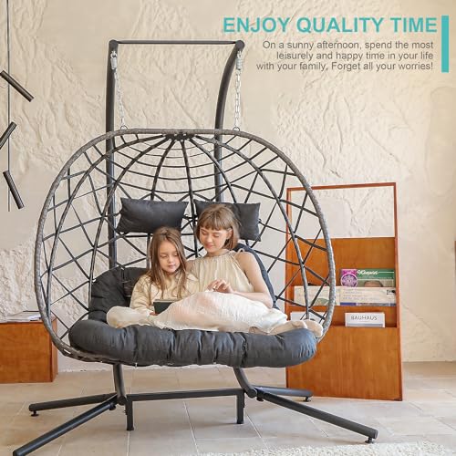 SWITTE Double Egg Swing Chair with Stand, 2 Person Outdoor Indoor Hammock Hanging Chair with Cushion for Patio Living Room 550 LBS Capacity-Dark Grey - WoodArtSupply