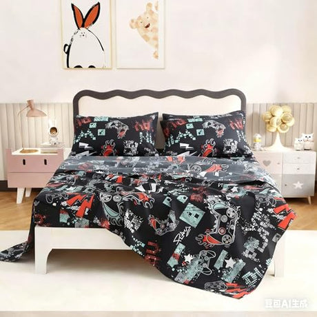 SDY 4PCS Gaming Bed Sheet Full,Super Cute Soft Game Console Bedding Sheet Sets for Boys, Girls, Kids and Toddler, Bed in a Bag with 1 Fitted Sheet+ 1 Top Flat Sheet + 2 Pillowcases SDY