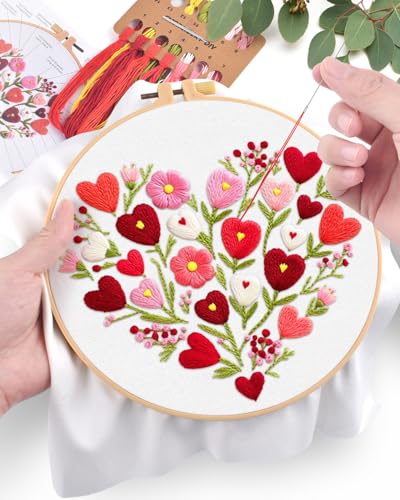 ERKOON Embroidery Kit for Beginners Adult, Flower Cross Stitch Set Include Embroidery Cloth Hoops Threads for Craft Lover Hand Stitch with Embroidery Skill Techniques (Heart) ERKOON