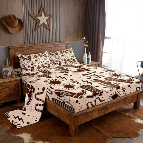 Western Cowboy Bedding Set King Size Tribal Bull Skull Cactus Snake Bed Sheet for Kids Boys Adult Vintage Rustic Brown Top Flat Sheet Cartoon Stars Sun Print Fitted Sheet 4Pcs,2 Pillowcases Castle Fairy