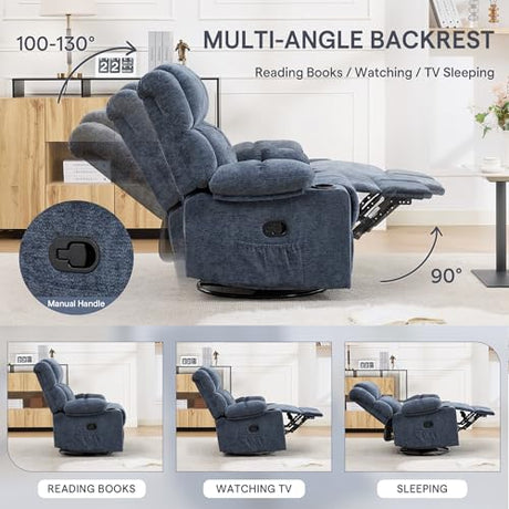 Coziture 360°Swivel Rocker Recliner Chair,Rocking Recliner Chair with Adjustable Headrest for Adults,Upholstered Fabric Rocking Chair Swivel for Bedroom,Living Room,Blue Coziture