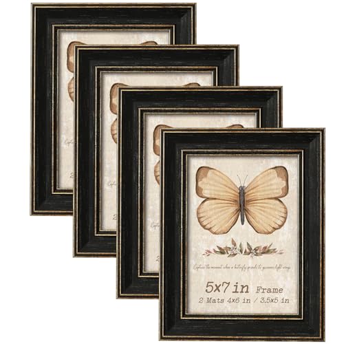 5x7 Picture Frame Set of 4 with 2 Mats, Black Rustic Farmhouse Photo Frames with Tempered Glass, 4x6 and 3.5x5 with Mat or 5x7 without Mat for Wall Hanging or Tabletop Display, Home Gallery Decor Gift Patouque