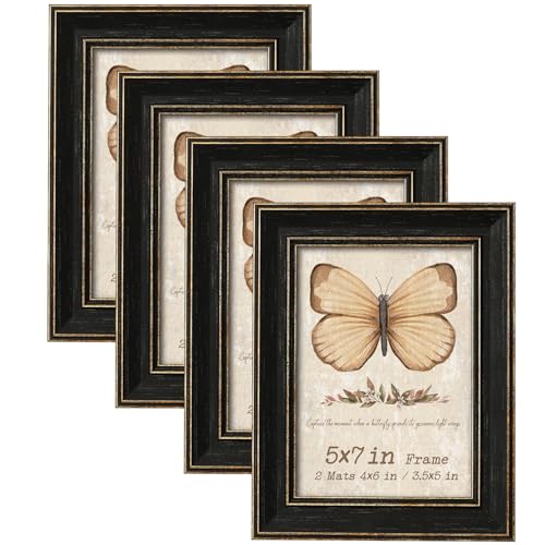 5x7 Picture Frame Set of 4 with 2 Mats, Black Rustic Farmhouse Photo Frames with Tempered Glass, 4x6 and 3.5x5 with Mat or 5x7 without Mat for Wall Hanging or Tabletop Display, Home Gallery Decor Gift