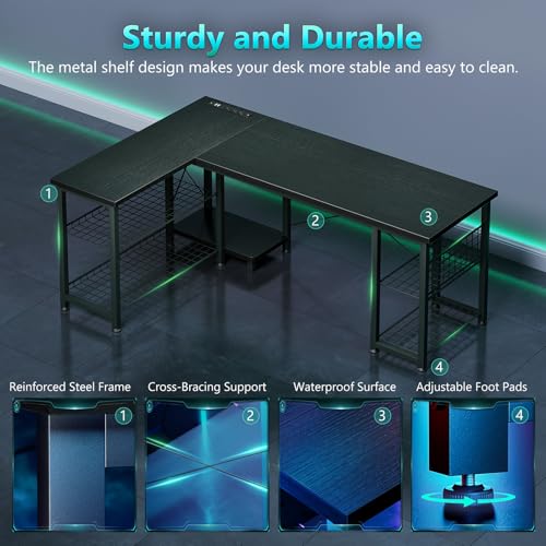 Casaottima 51 Inch L Shaped Gaming Desk with Shelves & Power Outlets, Reversible Computer Desk with Storage Shelves for Home Office, Black Casaottima