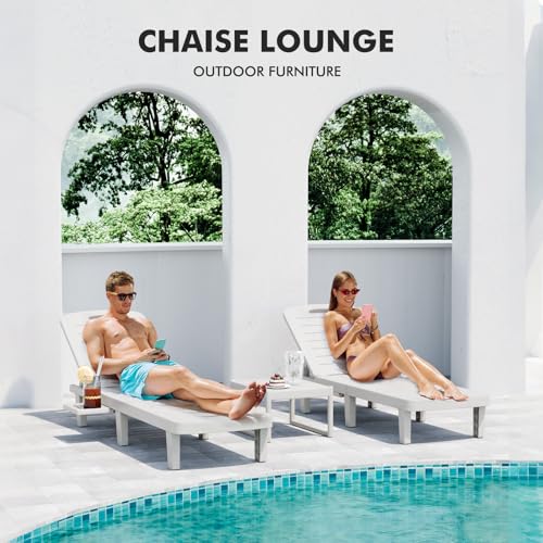 WACASA Outdoor Chaise Lounge Chairs Set of 4, Oversized Resin Lounge Chairs with 5-Level Adjustable Backrest & Cup Holder, Waterproof Pool Lounge Chair for Poolside, Patio, Beach, Yard, White