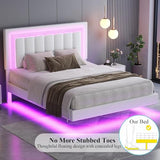 HOMBCK Floating Bed Frame Full with Smart LED Lights, Faux Leather Upholstered Platform Bed with Diamond PU Headboard, No Box Spring Needed, Noise-Free, Easy Assembly, White HOMBCK