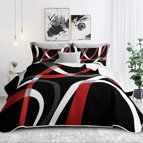 weesire Black and Red Bedding Quilt King Size with 2 Shams, Modern Stripe Comforter Sets Classic Line Pattern Bedspreads Grey and Red Coverlet, 96''x106'' weesire