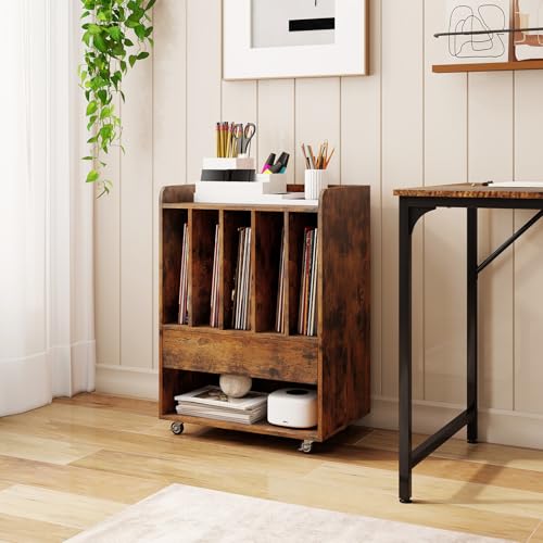 LOKO Record Player Stand On Wheels, Rolling Turntable Stand with 5 Compartments, Drawer & Open Shelf, Vinyl Display Shelf Storage Cabinet for Living Room, Bedroom, Study (Rustic Brown, 21" x 14") LOKO