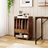 LOKO Record Player Stand On Wheels, Rolling Turntable Stand with 5 Compartments, Drawer & Open Shelf, Vinyl Display Shelf Storage Cabinet for Living Room, Bedroom, Study (Rustic Brown, 21" x 14") LOKO
