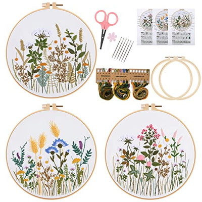 Lukinbox 3 Sets Embroidery Kit for Beginners, Fabric Cross Stitch Kits for Adults, DIY Embroidery Starter Kits with Floral Flower Patterns, Embroidery Hoops, Clothes, Threads and Needles