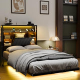 VINGLI Floating Bed Frame Twin Bed with Charging Station and LED Lights,Twin Metal Bed Frame,Cozy Hidden Storage Velvet Upholstered Headboard,No Box Spring Needed,Easy Assembly,Black VINGLI