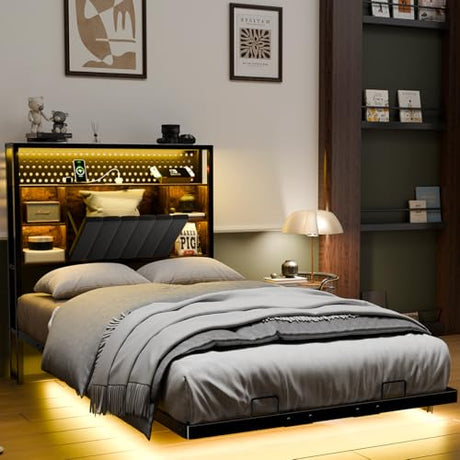 VINGLI Floating Bed Frame Twin Bed with Charging Station and LED Lights,Twin Metal Bed Frame,Cozy Hidden Storage Velvet Upholstered Headboard,No Box Spring Needed,Easy Assembly,Black VINGLI