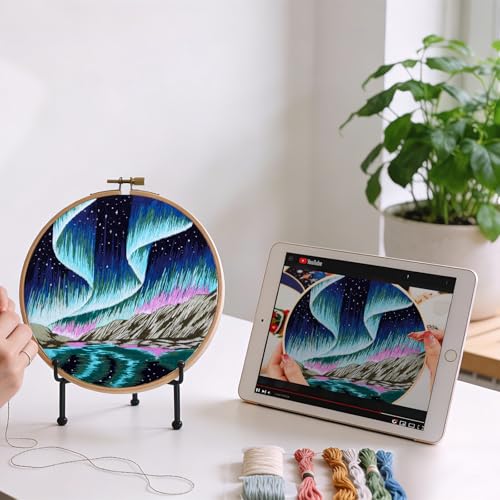 Aurora Borealis Embroidery Starter Kits for Beginners Adults, Stamped Cross Stitch Kit for Adult Beginner, Hand Embroidery Needlepoint Kit, 2 Set Embroidery Supplies, 2 Hoops (Attached Video Tutorial)