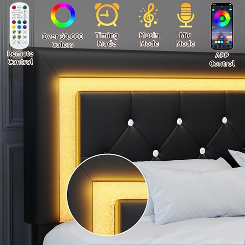 AILUNWALL Floating Bed Frame Full with LED Light, Upholstered Queen Bed Frame with Headboard, Solid Wood Slats Support, Noise-Free, Easy Assembly, No Box Spring Needed (Black, Full) AILUNWALL