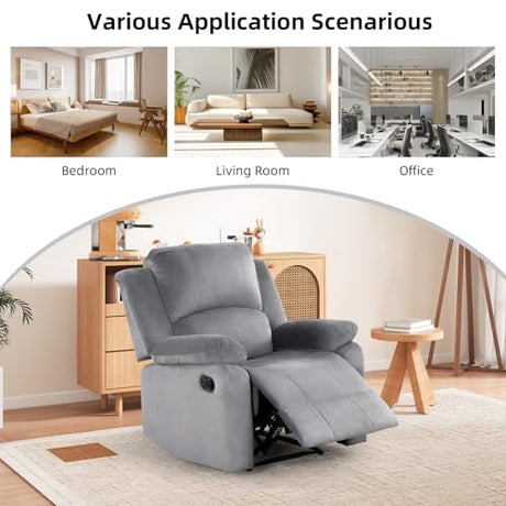 EBELLO Classic Manual Recliner Chair, Soft Microfiber Recliner Sofa with Overstuffed Arms and Back Single Reclining Couch for Living Room, Bedroom, Grey EBELLO