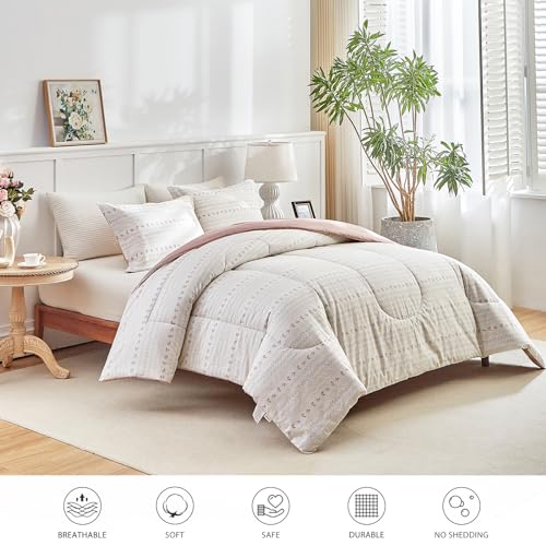 Joyreap 3pcs Floral Cotton Comforter Set for Girls, Pink Flower Stripes Boho Design, Twin Size Soft n Cozy Bedding Comforter Set for All Season- 68x88 inches Joyreap
