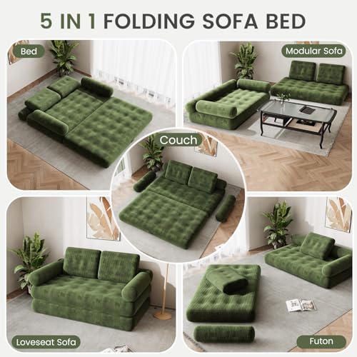 DSNAPE 59" Convertible Sofa Bed, 5-in-1 Folding Loveseat Sleeper Chair with Pillows Removable Armrests, Fold Out Boneless Couch Futon Floor Mattress Lounge for Apartment Dorm Living Room - Green, Full DSNAPE