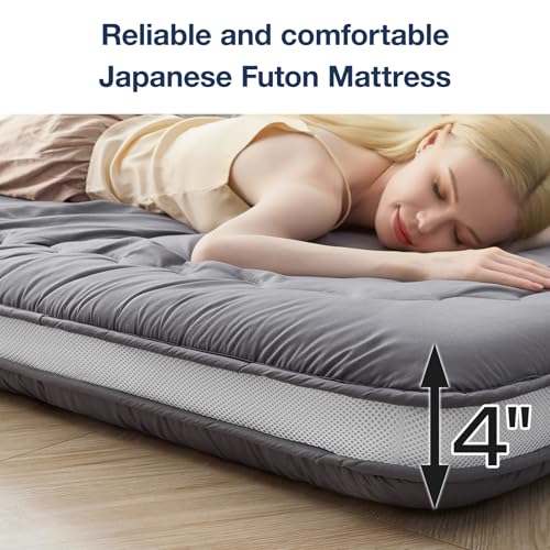 Syalife Japanese Futon Mattress Floor Mattress Queen Size, 4" Thicken Foldable & Portable Floor Bed Sleeping Pad, Traditional Shikibuton 32D Foam Filled, Design in Japan (Grey, 54 * 80) Syalife