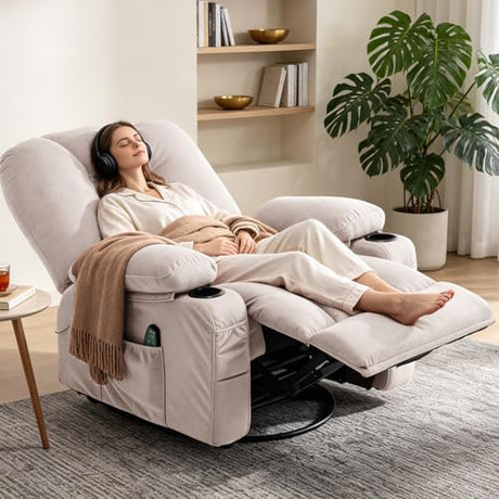 REFICCER Rocker Recliner Chair with Massage and Heat, Oversized Rocking Nursery Recliners Overstuffed Swivel Glider with Cup Holder, Fabric Manual Single Sofa for Living Room, Beige REFICCER