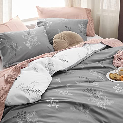 Bedsure Duvet Cover King Size - Reversible Floral Duvet Cover Set with Zipper Closure, 3 Pieces Grey Bedding Set with 8 Corner Ties and 2 Pillowcases 20"x36" Bedsure