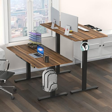 SHW 55 x 28 Inches Electric Height Adjustable Standing Desk with Drawer and Memory Preset, Walnut SHW