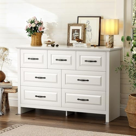 Marsail Farmhouse 7 Drawer Dresser, Wood Chest of Drawers with Natural Texture, Smooth Gliding Drawers, Versatile Storage Organizer Cabinet for Bedroom & Living Room, White Marsail