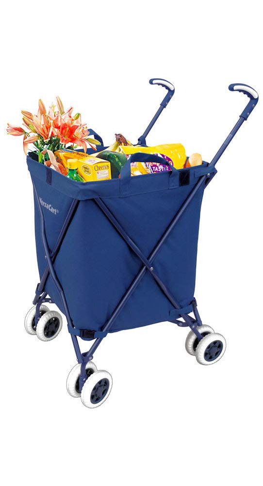 VersaCart Transit -The Original Patented Folding Shopping and Utility Cart, Water-Resistant Heavy-Duty Canvas with Cover, Double Front Swivel Wheels, Compact, Transport Up to 120 Pounds, Blue