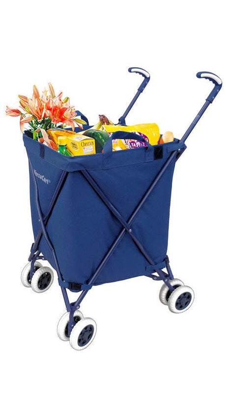 VersaCart Transit -The Original Patented Folding Shopping and Utility Cart, Water-Resistant Heavy-Duty Canvas with Cover, Double Front Swivel Wheels, Compact, Transport Up to 120 Pounds, Blue Versacart