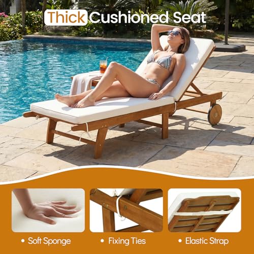Tangkula Folding Lounge Chair Outdoor, Patio Eucalyptus Wood Chaise Lounge with 5-Level Adjustable Backrest & Cushions, Portable Beach Pool Sunbathing Recliner with Wheels for Outside (1,Off White)